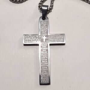 Silver Cross Necklace Lords Prayer Jesus Christian Christmas